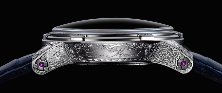 The white gold timepiece is hand engraved on the case and bezel.