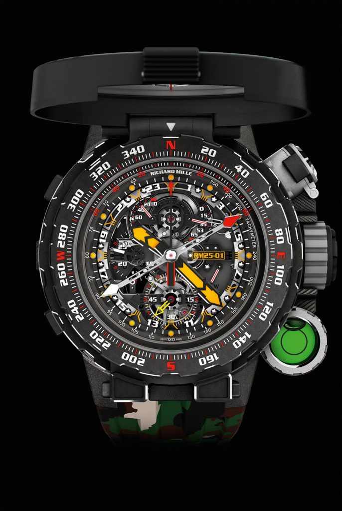 Richard Mille RM25-01 Tourbillon Adventure watch, made with Sylvester Stallone, features a hermetically sealed compartment for water purification tablets. 