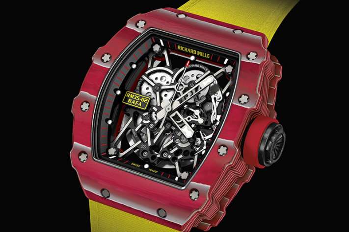 Richard Mille RM-35-02 Rafael Nadal Quartz TPT watch is made using layers of bright red and white silicon. 