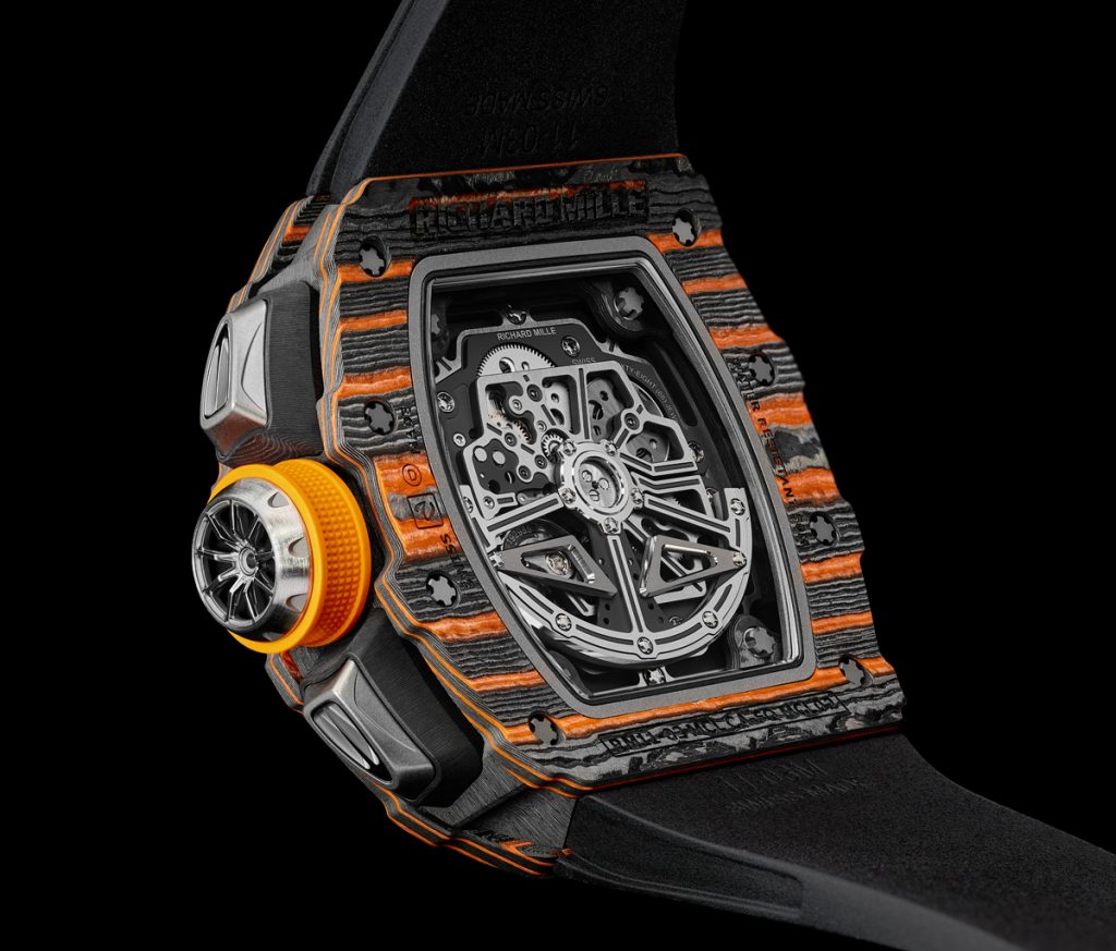 Richard Mille RM 11-03 McLaren Flyback Chronograph watch houses the RMAC3 caliber.