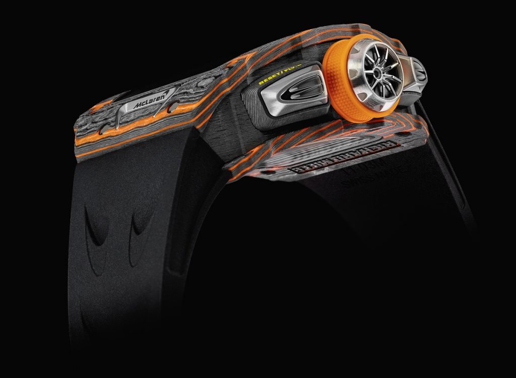 Side view of the Richard Mille RM 11-03 McLaren Flyback Chronograph watch 
