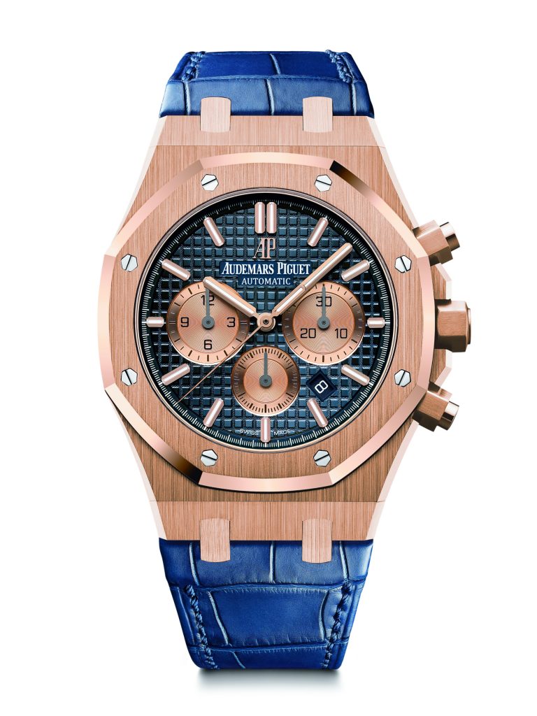 Royal Oak Chronograph in rose gold with stunning blue dial. 