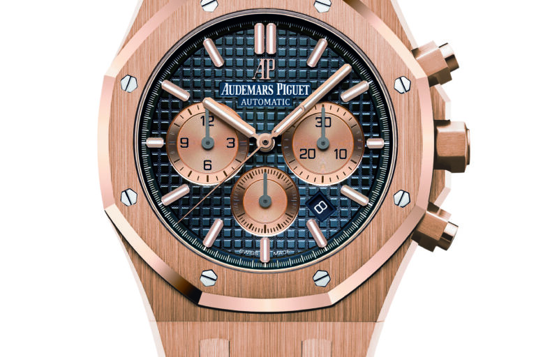 Royal Oak Chronograph in rose gold with stunning blue dial.