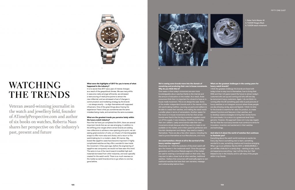 Fifty One East Magazine publishes interview with watch industry veteran journalist, Roberta Naas, who answers questions about trends, challenges and more.