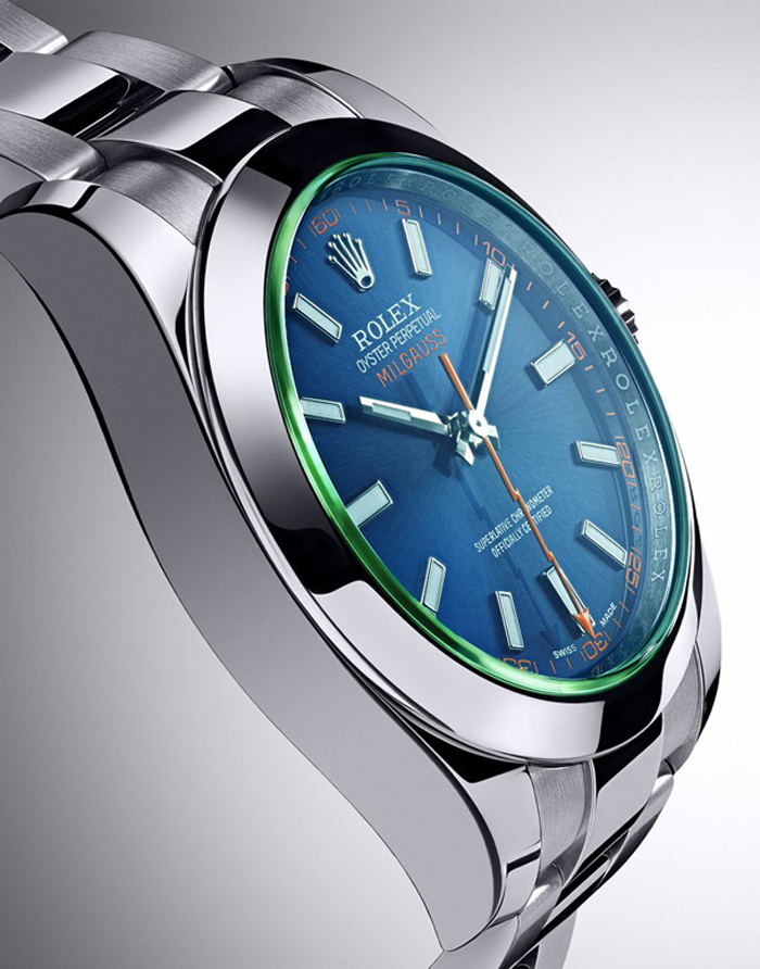 The new Milgauss features an amazing green sapphire crystal and blue dial.