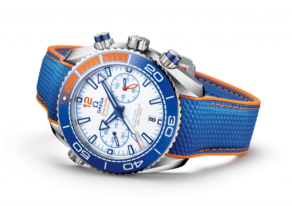Omega Seamaster Planet Ocean Michael Phelps watch with distinctive dial and color combination.