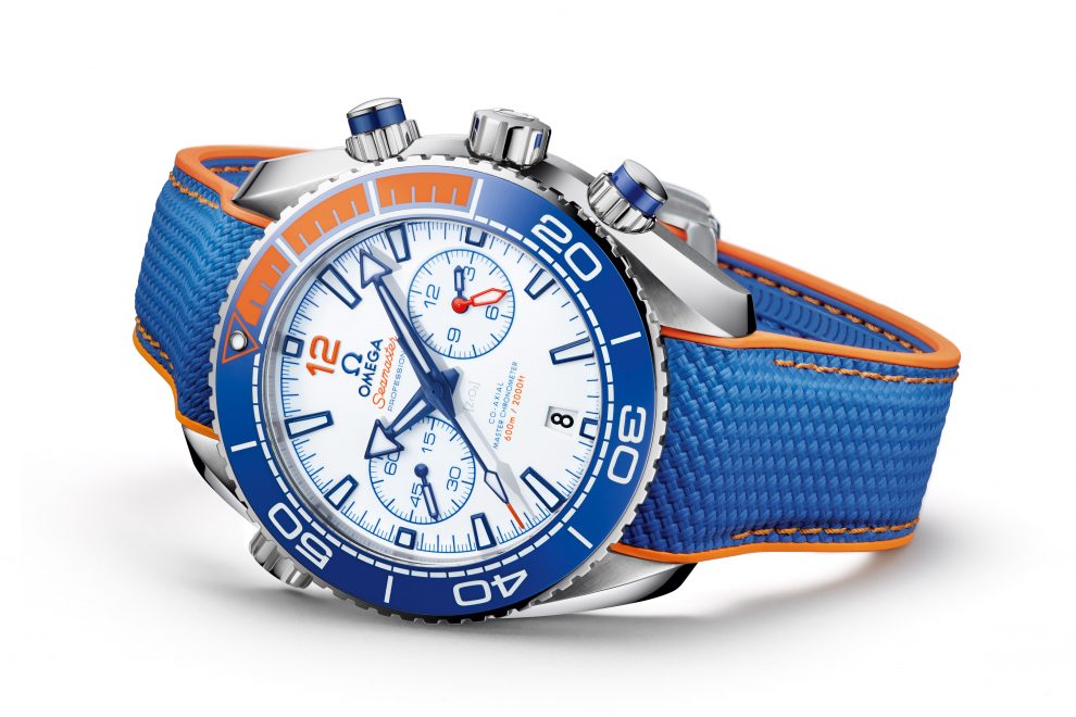 Omega Seamaster Planet Ocean Michael Phelps watch with distinctive dial and color combination.