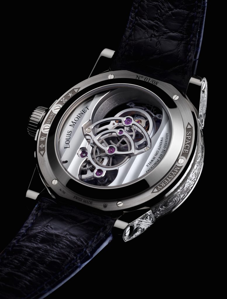 The caseback of the Louis Moinet Space Mystery watch reveals the tourbillon, as well. 