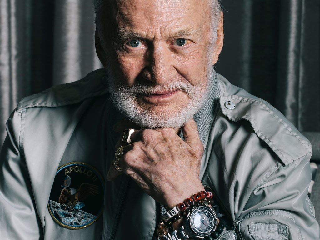 Astronaut Buzz Aldrin wore an Omega watch on the Moon in the historic moon landing of Apollo 11 in 1969. Today he stars alongside actor George Clooney in the Omega movie, Starmen.