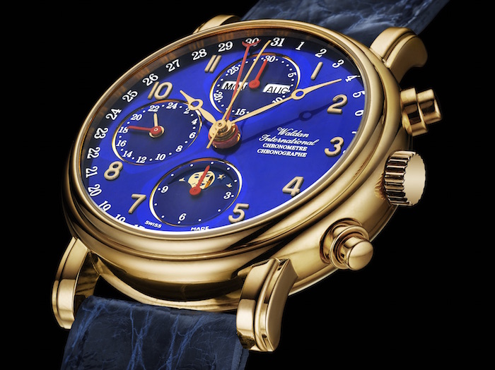 Waldan's Chronograph Chronometer with a unique blue dial and 18k Yellow Gold case
