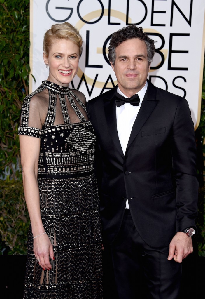 BEVERLY HILLS, CA - JANUARY 10: Actor Mark Ruffalo (R) and Sunrise Coigney attend the 73rd Annual Golden Globe Awards held at the Beverly Hilton Hotel on January 10, 2016 in Beverly Hills, California. (Photo by Steve Granitz/WireImage). Buffalo wore Montblanc