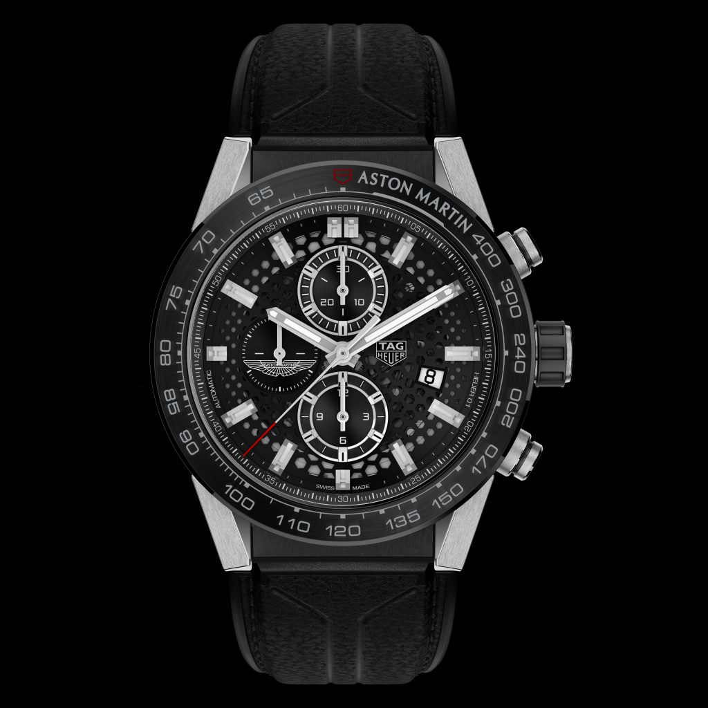 TAG Heuer Carrera Heuer 01 Aston Martin watch has design details reflective of sports cars. 