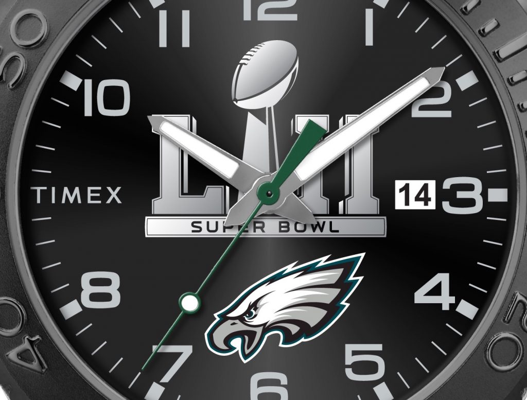 Timex Eagles Super Bowl watch with Super Bowl LII, Vince Lombardi Trophy image Eagles logo on the dial.