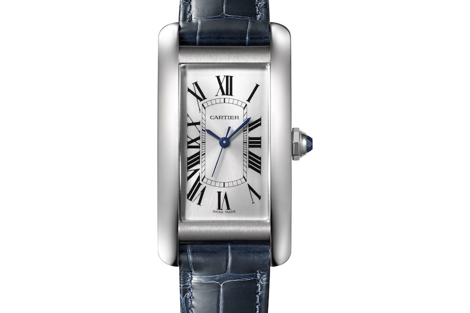This year marks the first offering of the Cartier Tank Américaine in steel with a unique blue strap.