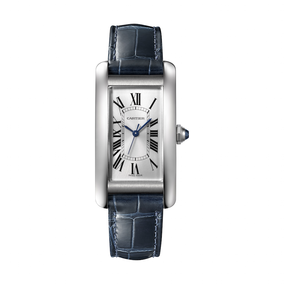 This year marks the first offering of the Cartier Tank Américaine in steel with a unique blue strap.