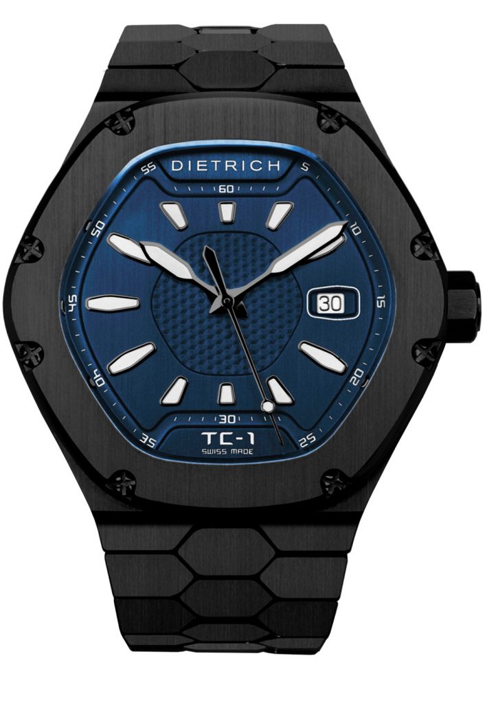 Dietrich Time Companion in black PVD steel with blue dial.