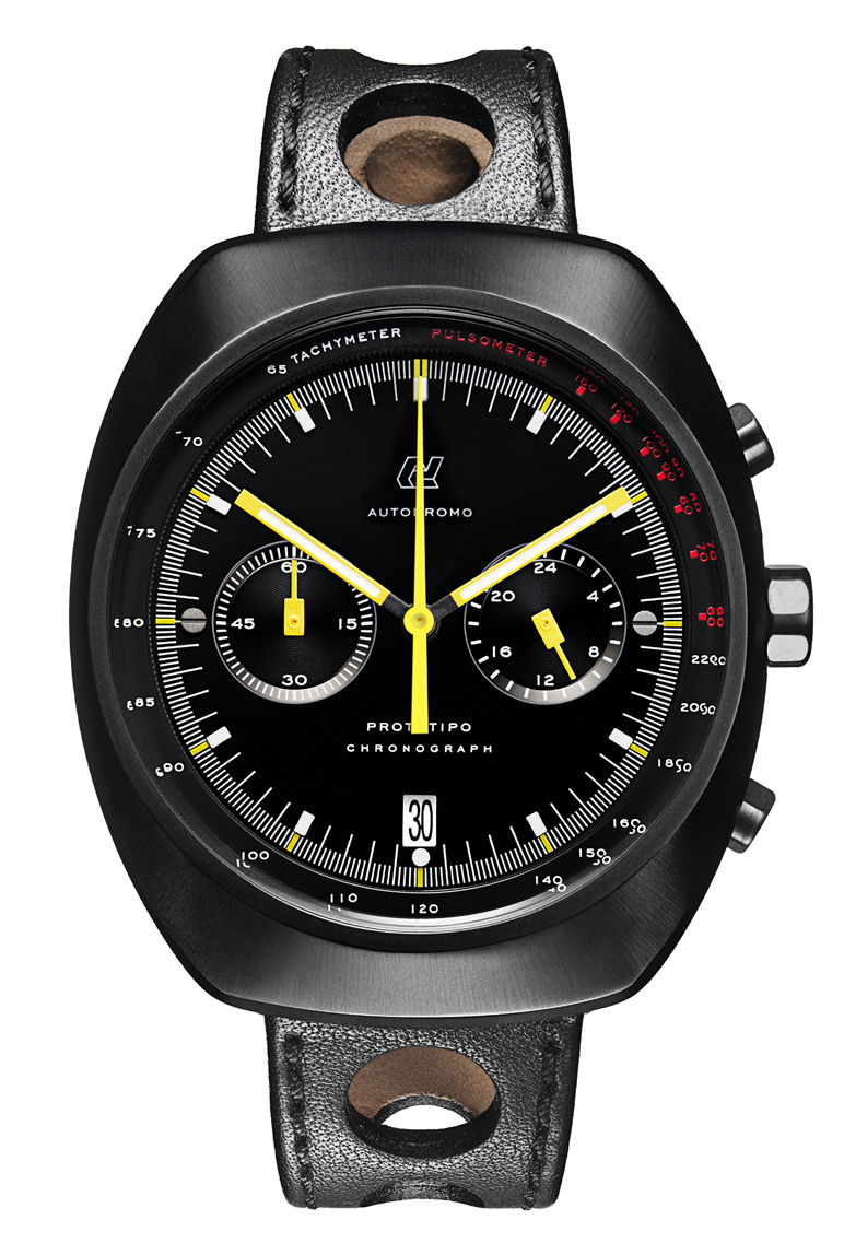 Autodromo Prototipo Nero Chronograph with black dial and plated steel case and bold yellow hands. 