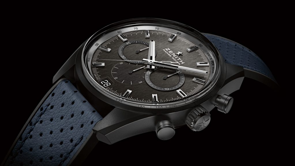 The Zenith El Primero Range Rover Limited Series watch is offered with a blue or ivory calfskin strap on a black rubber backing. 