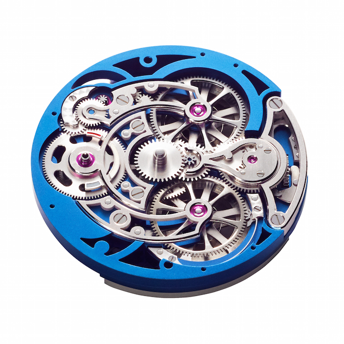 The layered skeletonize movement is finished in a blue hue. 