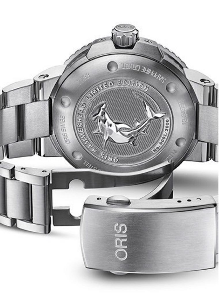 The case back of the Oris Hammerhead Limited Edition watch is engraved with a hammerhead shark image. 