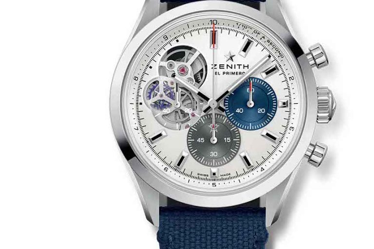 Zenith Chronomaster Open with blue cordura strap.
