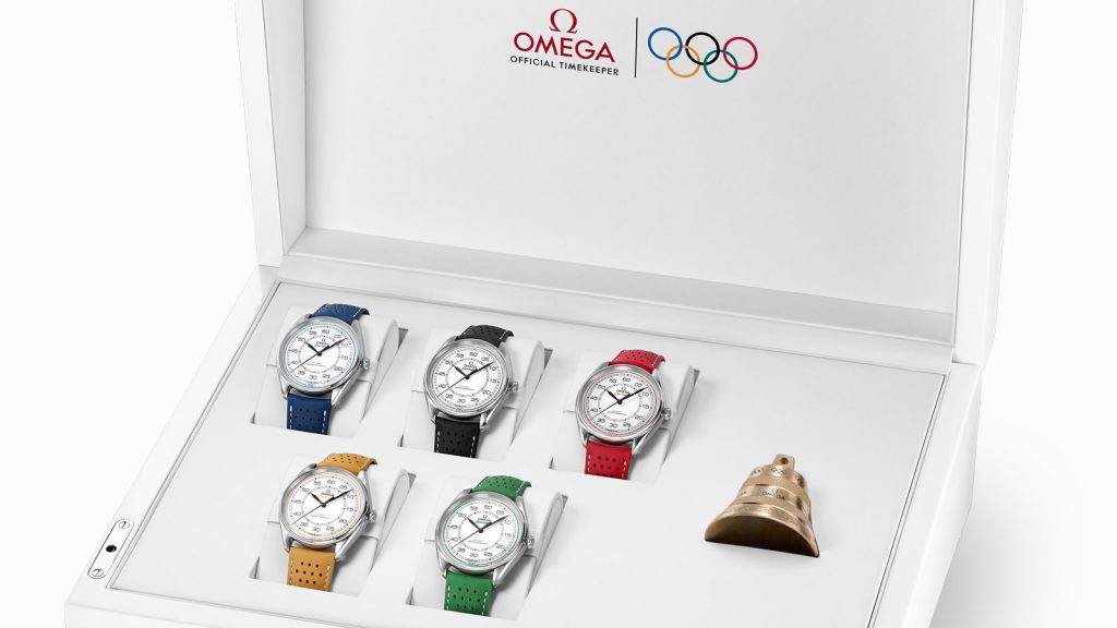 Omega Olympic Games Limited Edition set with watches crafted in each of the Rings of the Olympics colors and a bell crafted in the same foundry as the last-lap bells for the Olympics. 