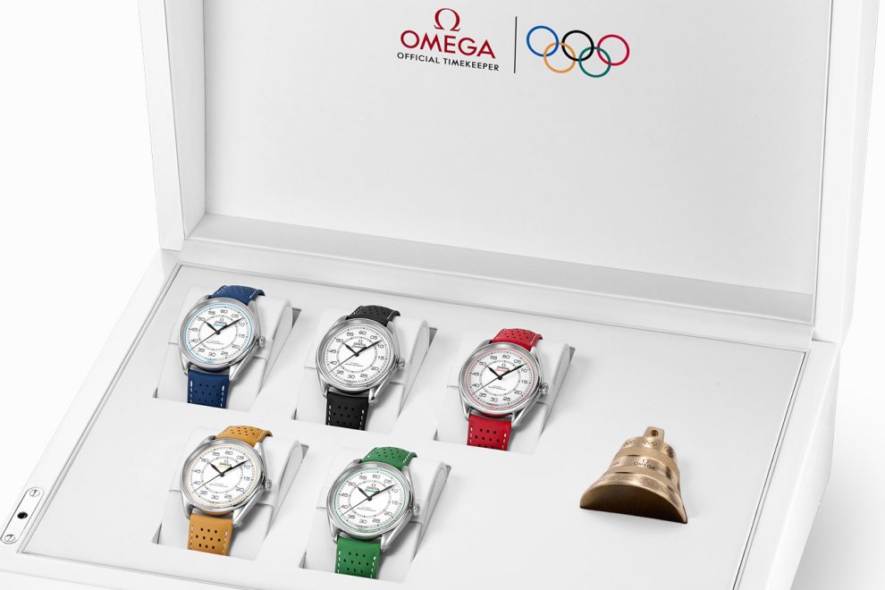 box-large-1600×900-1 Omega Olympic Games Limited Edition set with watches crafted in each of the Rings of the Olympics colors and a bell crafted in the same foundry as the last-lap bells for the Olympics.