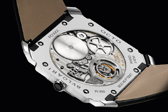 The back of the Bulgari Octo Finissimo, the watch with the thinnest tourbillon movement. 