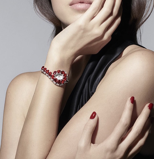 The Cartier Trait Eclat watch is set with baguette and brilliant-cut diamonds. 