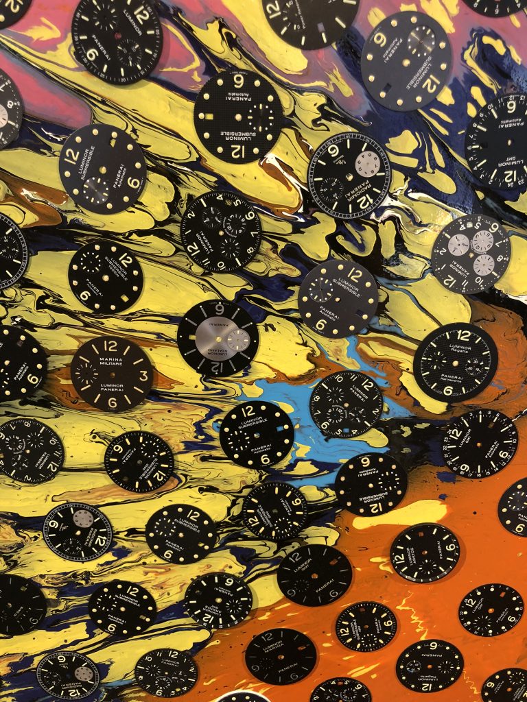 Close-up of Damien Hirst, Panerai art on display at Watches & Wonders Miami