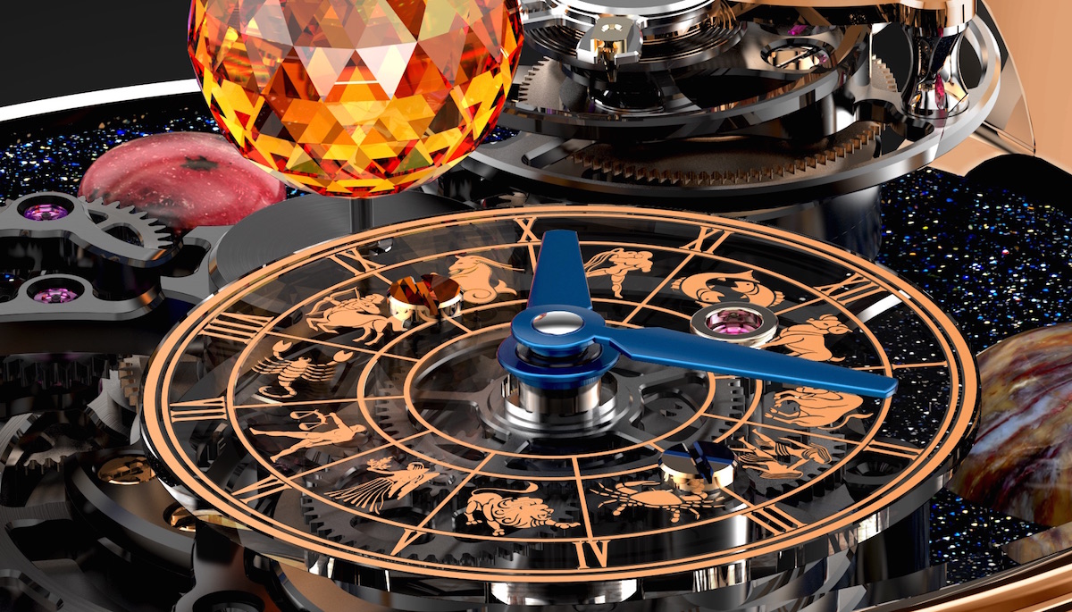 The Jacob & Co. Astronomia Solar features a sub-dial in sapphire that depicts the hours and minutes, as well as the astrological signs. 