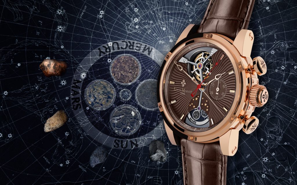 The Louis Moinet Astralis Mars watch offers a meteorite dial. 