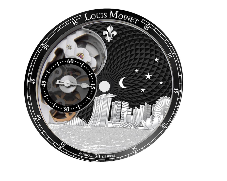 A study of the dial of the Louis Moinet Singapore Edition watch depicts the moon and five stars (to emulate the flag of the Lion City), engraved buildings and a concentric motif on the dial. 