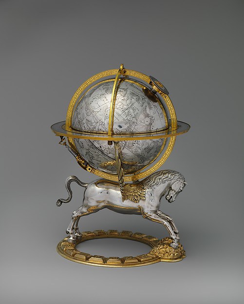 Celestial globe with clockwork; Circa 1579; Culture: Austrian, Vienna; Maker: Gerhard Emmoser (German, active 1556–84); Medium: Case: partly gilded silver and gilded brass; Movement: brass and steel. Gift of J. Pierpont Morgan, 1917 