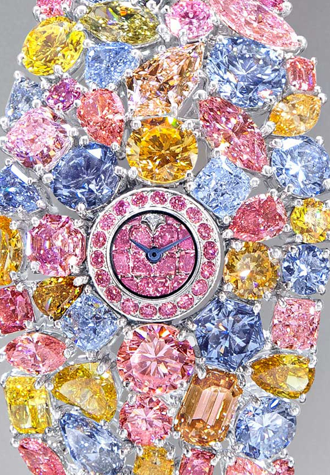 The tiny dial of the Graff Hallucination consists of fancy-colored pink diamonds with one white diamond at 12:00. 