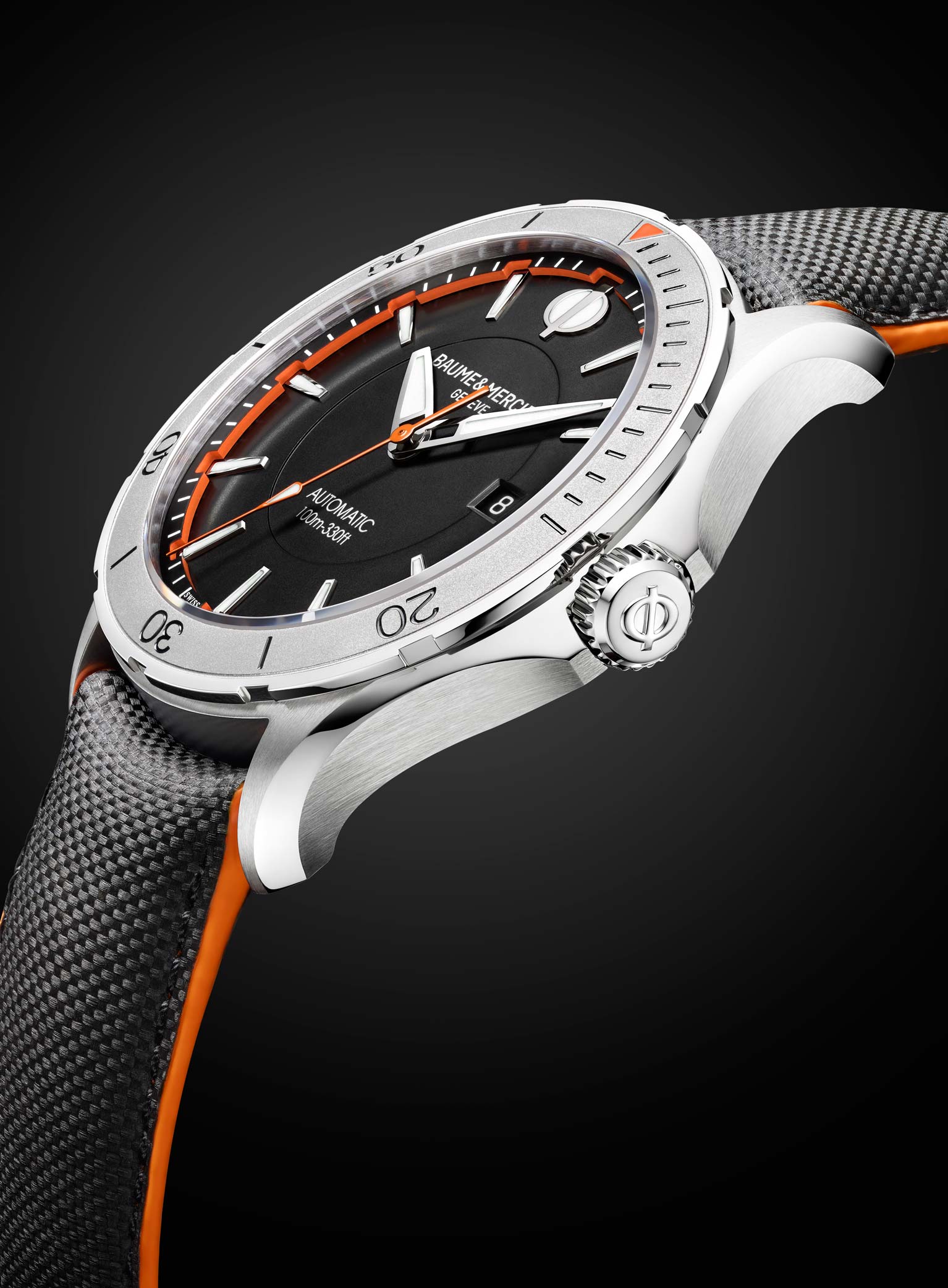 Each Baume & Mercier Clifton Club Collection watch features bold orange accents. 