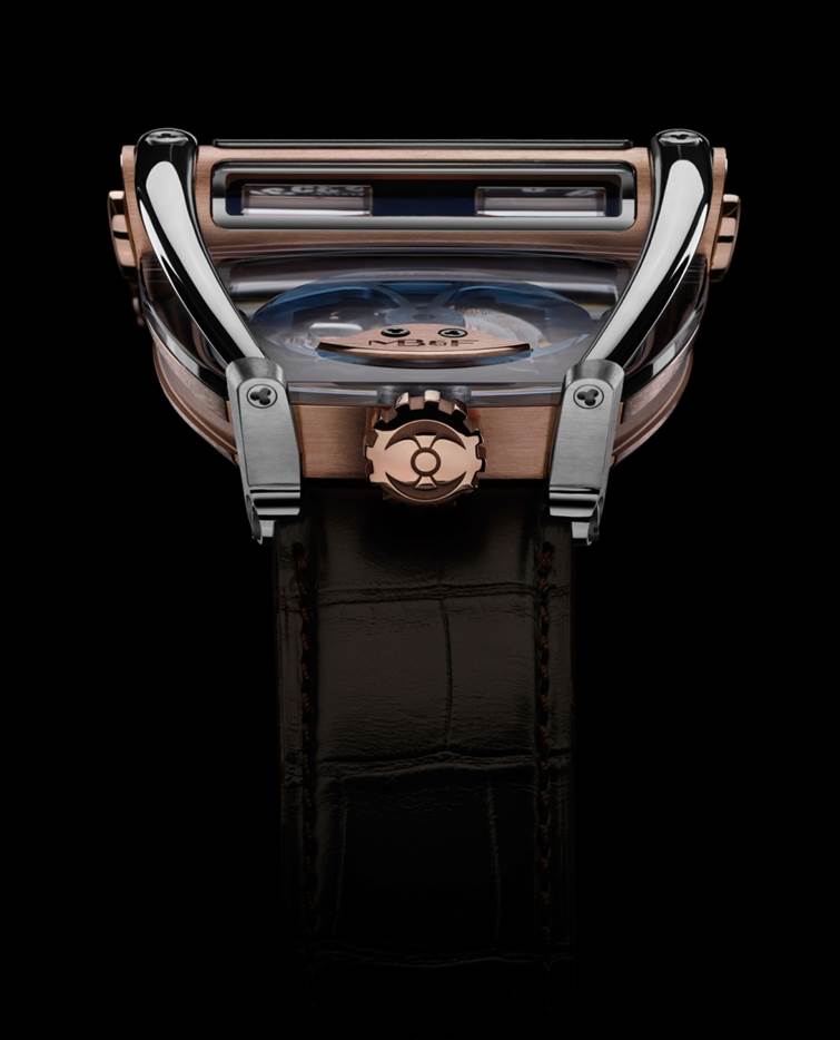 The roll bars of the MB&F HM8 Can Am watch seem to be protecting the sapphire case and battle axe rotor within a cradle.