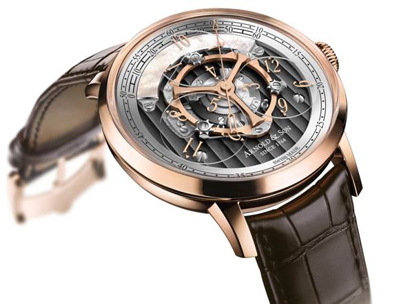 The Arnold & Son Golden Wheel watch is a patented piece that combines wandering hours with true beat seconds. 