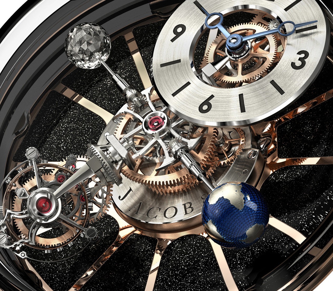 The watch features four axes, each holding a differrentfeature, including the time, tourbillon, moon and earth renditions.