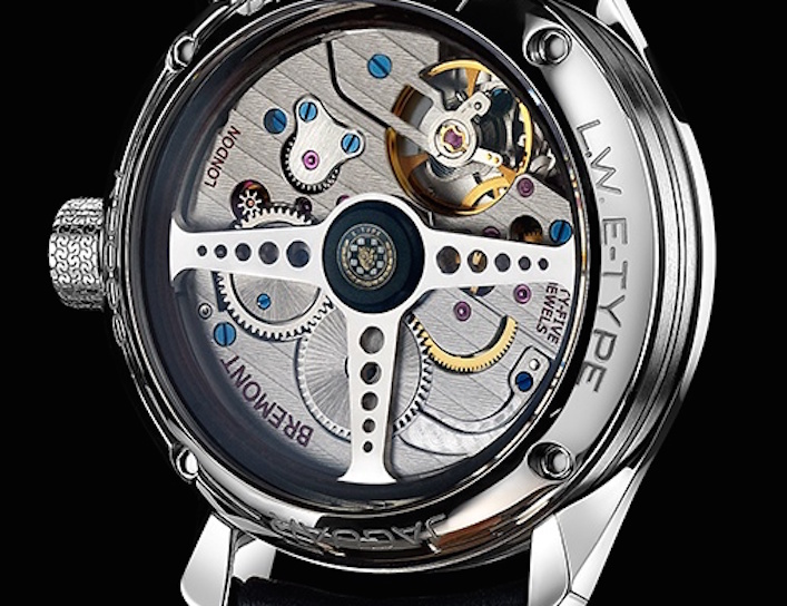 The reverse side of the watch with steering-wheel inspired rotor