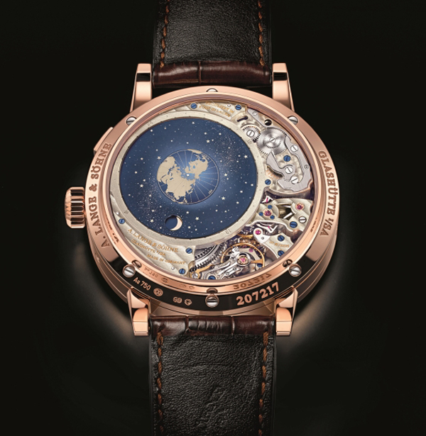 The back of the A. Lange & Sohne Perpetual Calendar Terra Luna offers an orbital moonphase display accurate to within a day for more than 1,000 years. 