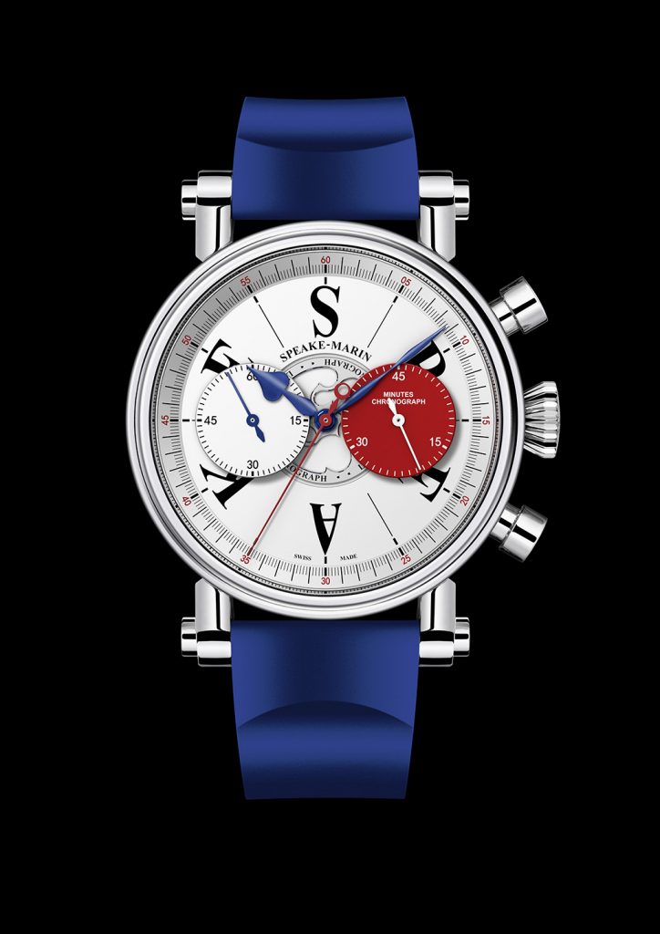 The raised chronograph sub-dials on the London Chronograph give 3D depth to the dial, which Speake-Marin offers in British red, white and blue colors. 