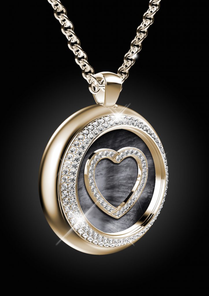 The Paul Forrest Heart's Passion jewelry is offered in either a heart-shaped pendant or a round medallion-shaped pendant. 