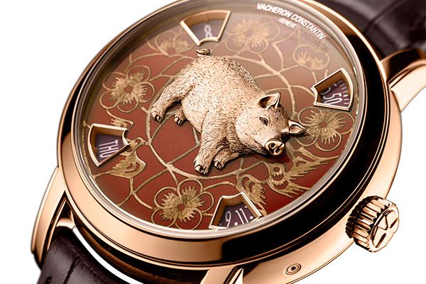 Vacheron Constantin Metiers d' Art Chinese Zodiac year of the Pig watch in rose gold with sculpted pig.