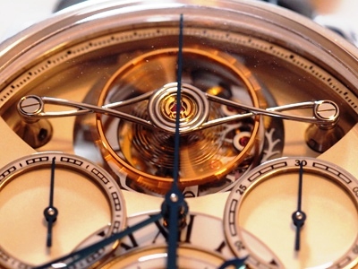 A close up look at the Montblanc ExoTourbillon Rattrapante -- a four-minute tourbillon without cage.  