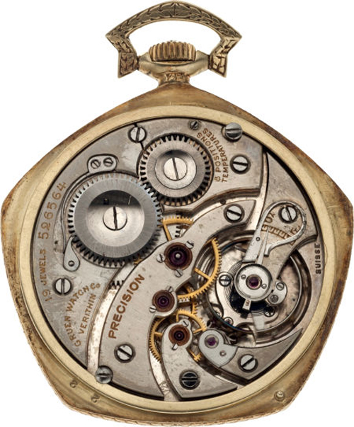 The Gruen VeriThin Pentagon pocket watch had a patent for the pinion packet, which Gruen patented in 1874.