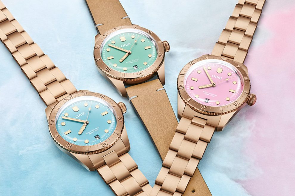 Oris Divers Sixty-Five Collection Oris Divers Sixty-Five Cotton Candy bronze watches.