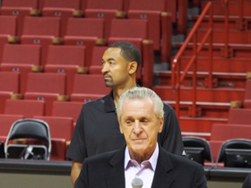 Pat Riley welcomed the journalists and Hublot guests onto the court at Miami American Airlines Arena