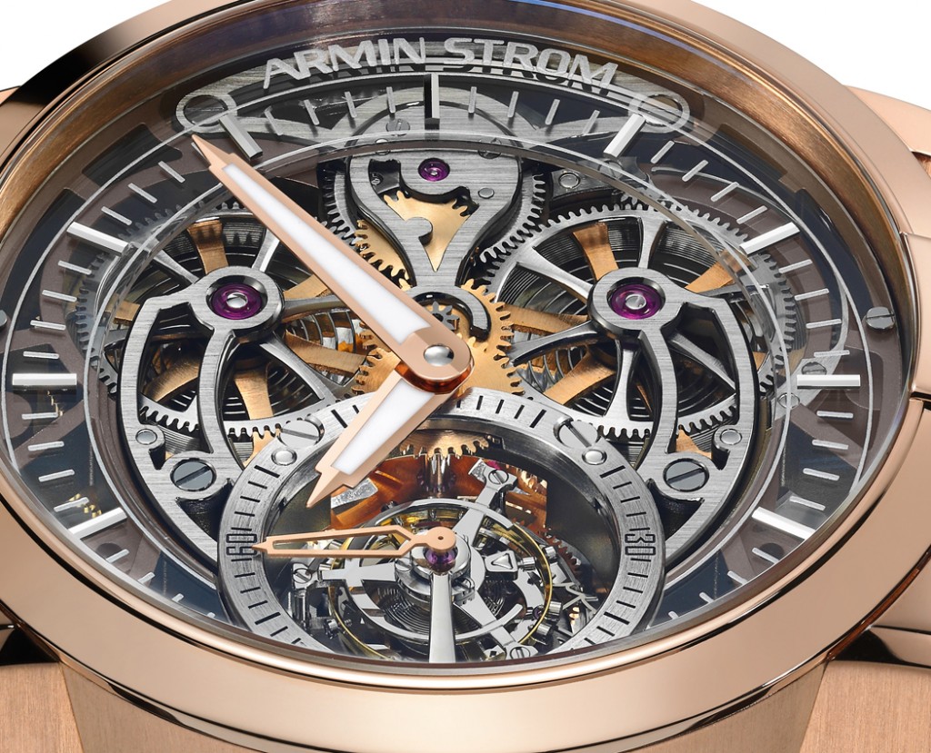 The movement of the watch features a skeletonized tourbillon