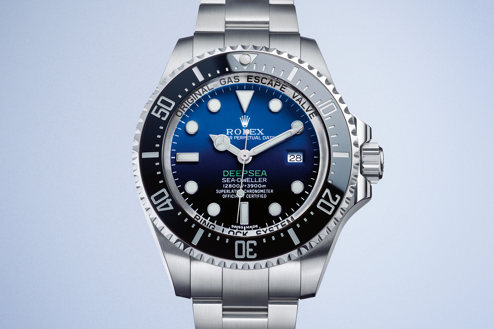 The Rolex Deepsea D-Blue features a gradient dial reflecting the concept of dive, moving from blue at the top to black at the bottom. It is water resistant to 12,800 feet